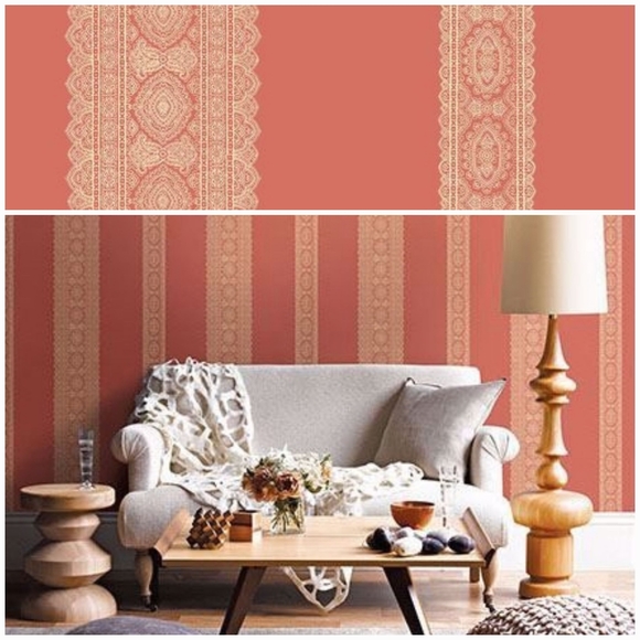 Wallpaper Brynn Coral Paisley Lace Stripe - boho